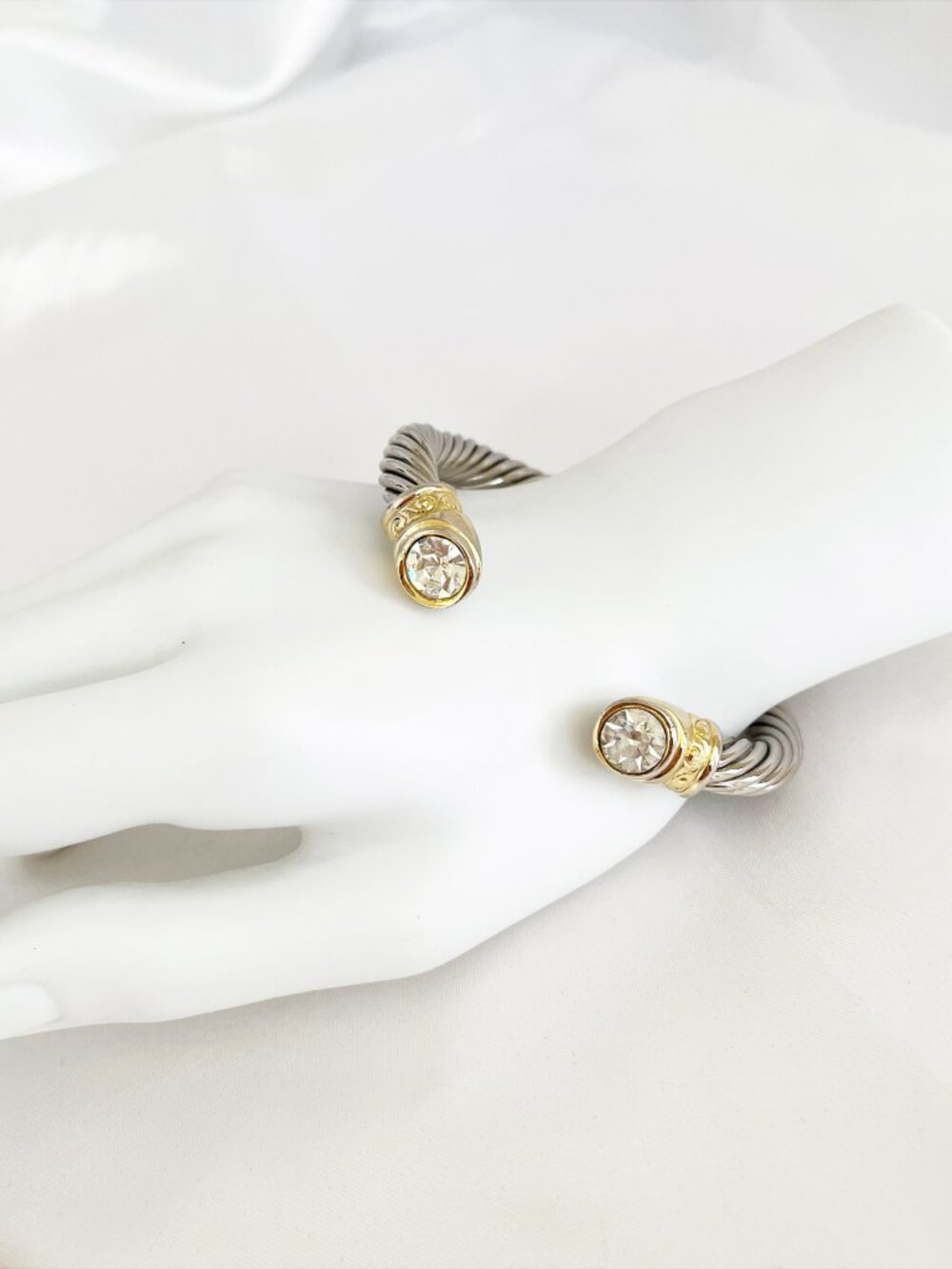 CABLE CUFF Bracelet Silver Tone Sparkling Crystal Ends Twisted Rope Affect